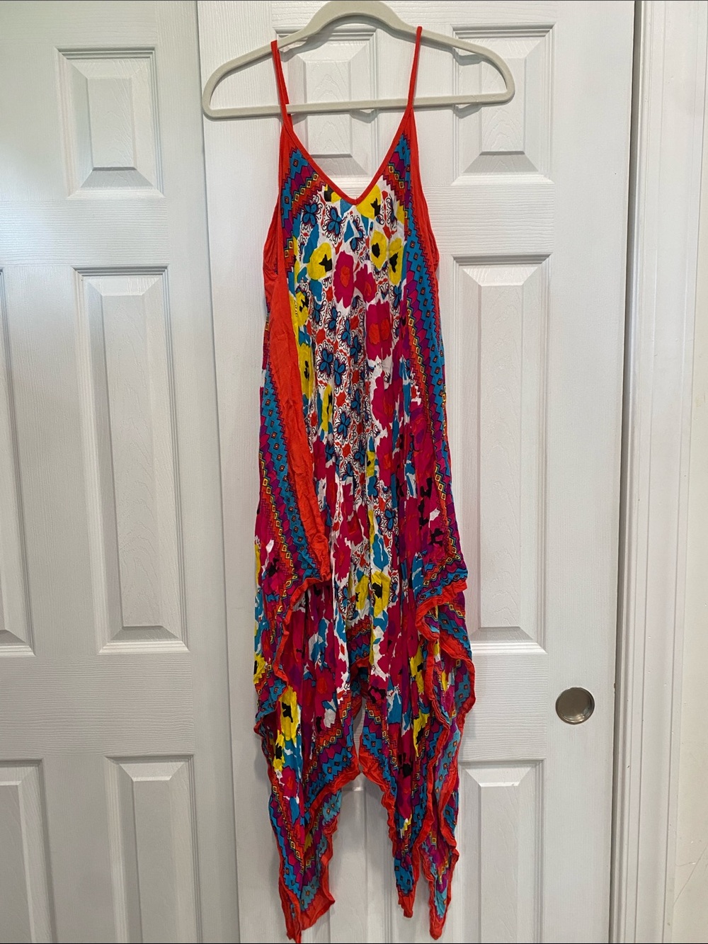 Theodora & Callum Multicolor Floral Asymmetrical Dress with Red Trim